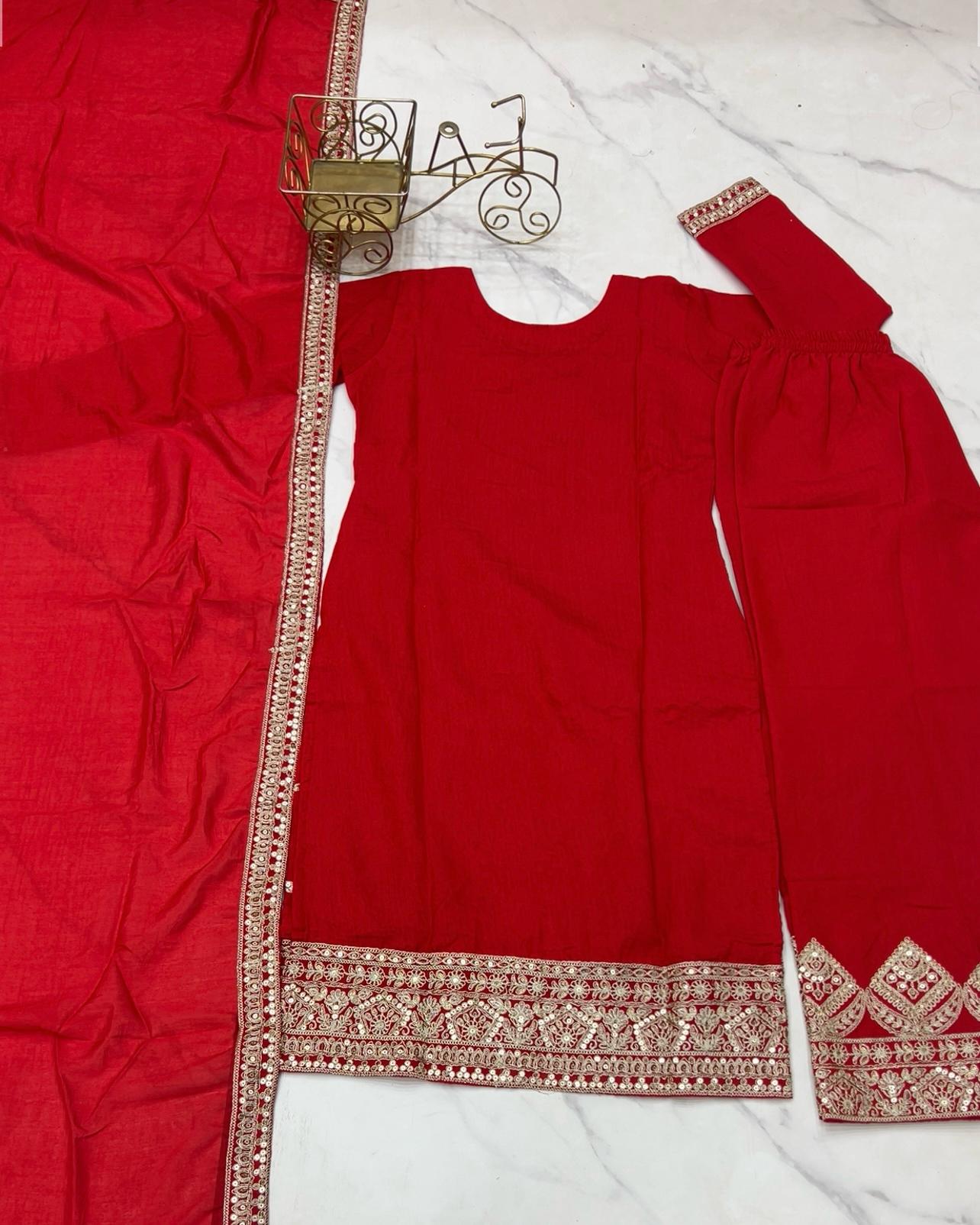Outstanding Vichitra Silk Red Color Palazzo Suit