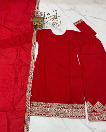 Outstanding Vichitra Silk Red Color Palazzo Suit
