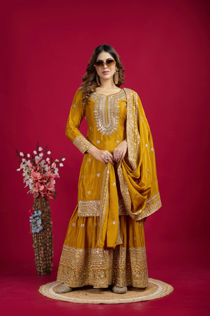 Elegant Embroidery Sequence Work Mustard Color Sharara Suit