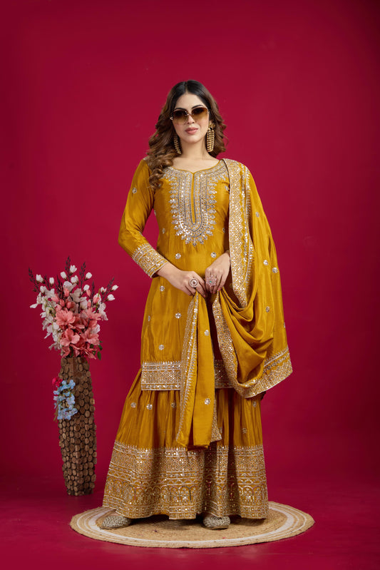 Elegant Embroidery Sequence Work Mustard Color Sharara Suit