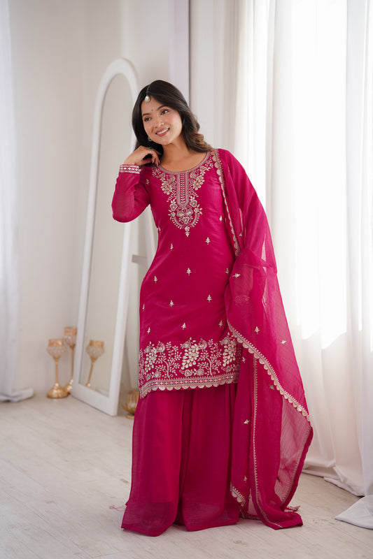 Beautiful Pink Color Sequence Embroidered Sharara Suit With Dupatta