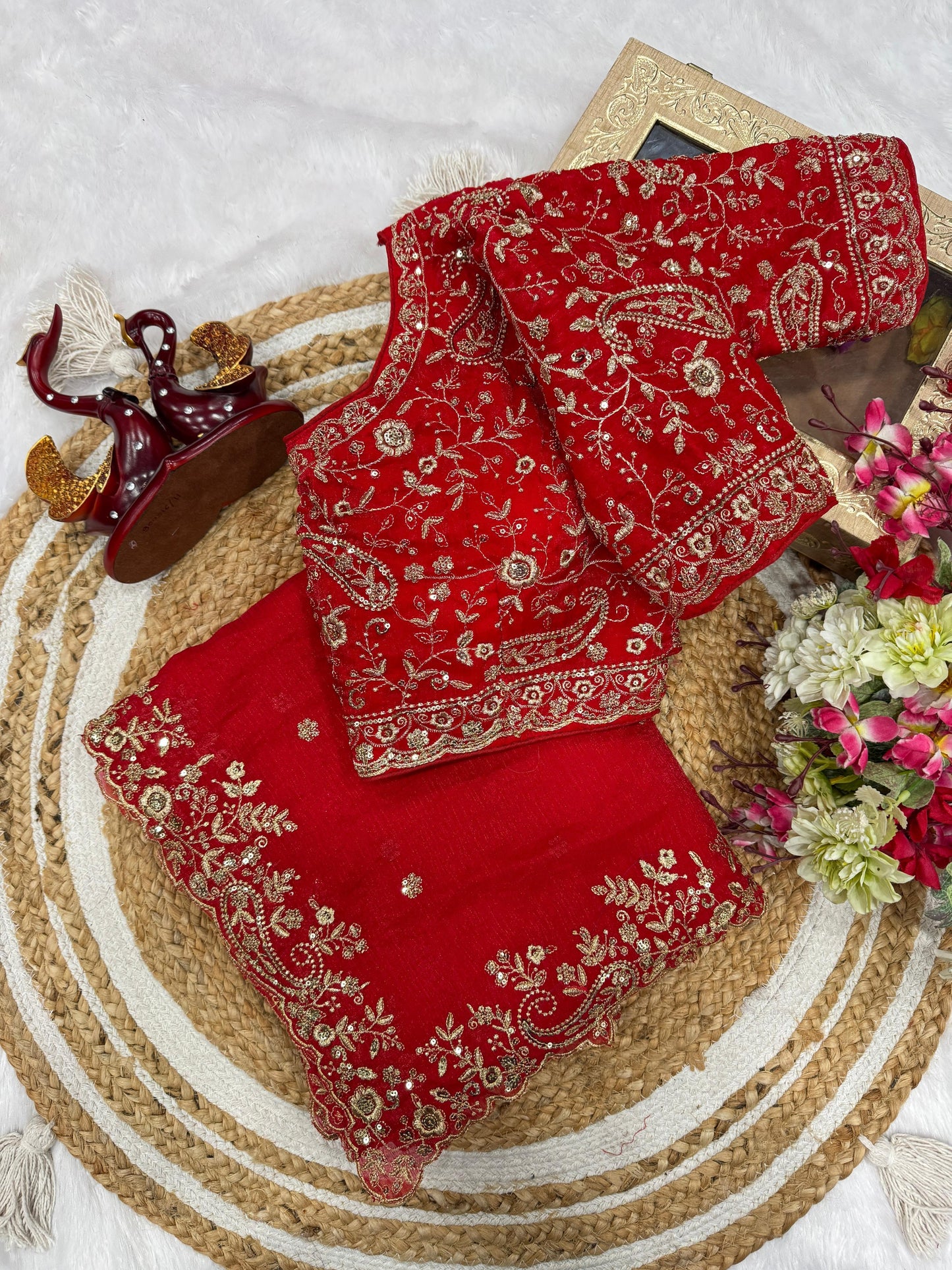 Lovely Red Chiffon Zari Work Saree