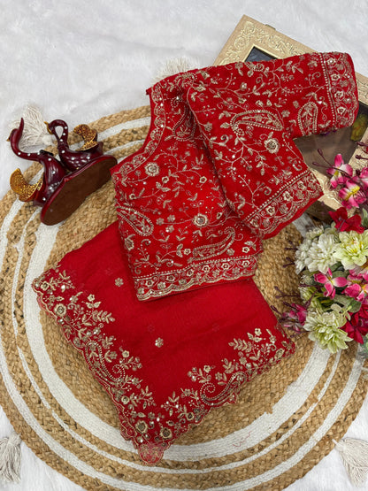 Lovely Red Chiffon Zari Work Saree