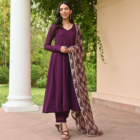 Delightful Georgette Wine Color Gown
