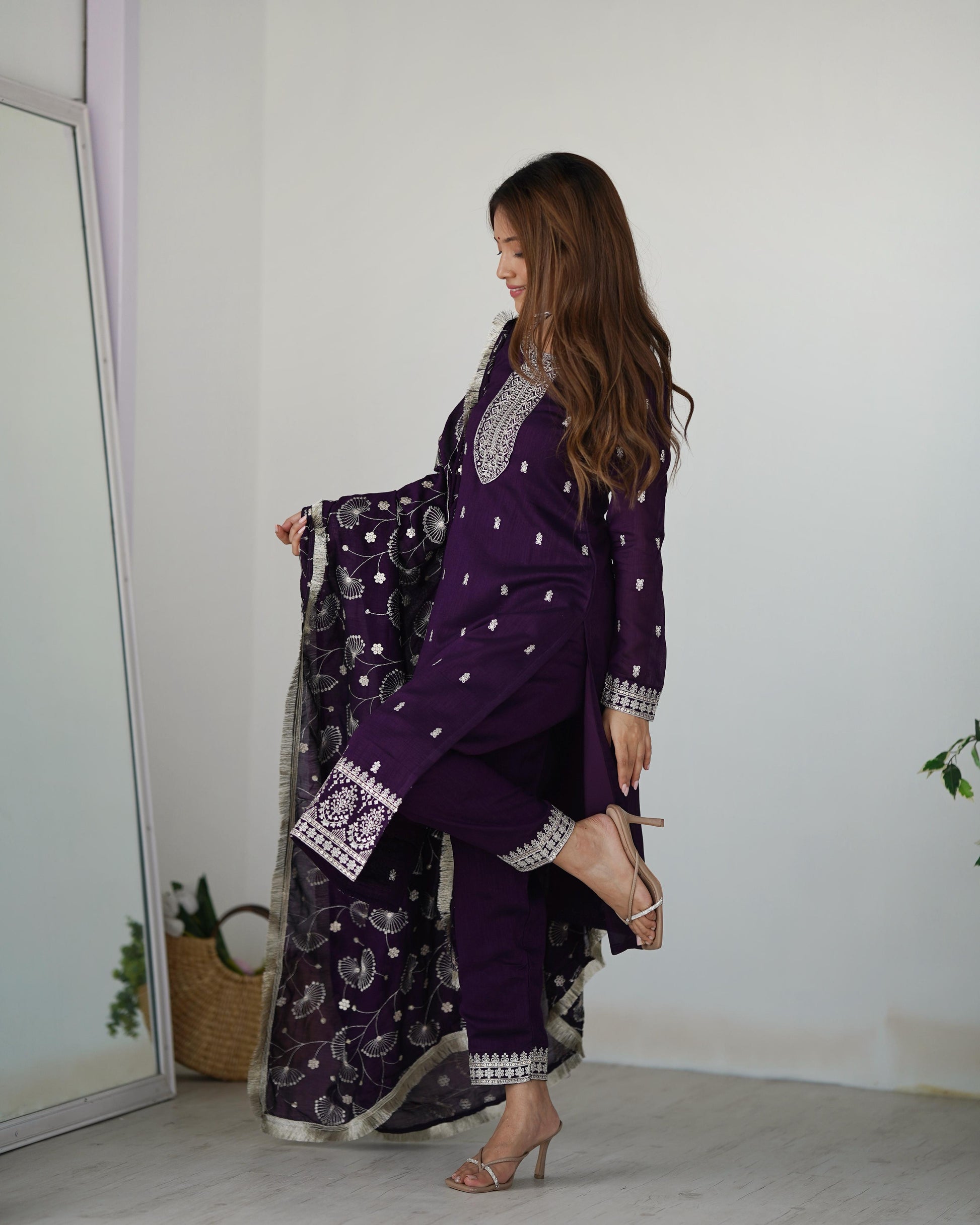 Attractive Wine Color Color Rangoli Silk Fabric Kurta With Dupatta Set