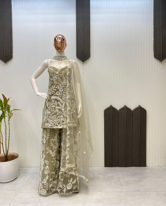 Shining Embroidery Work Mehndi Color Palazzo Suit