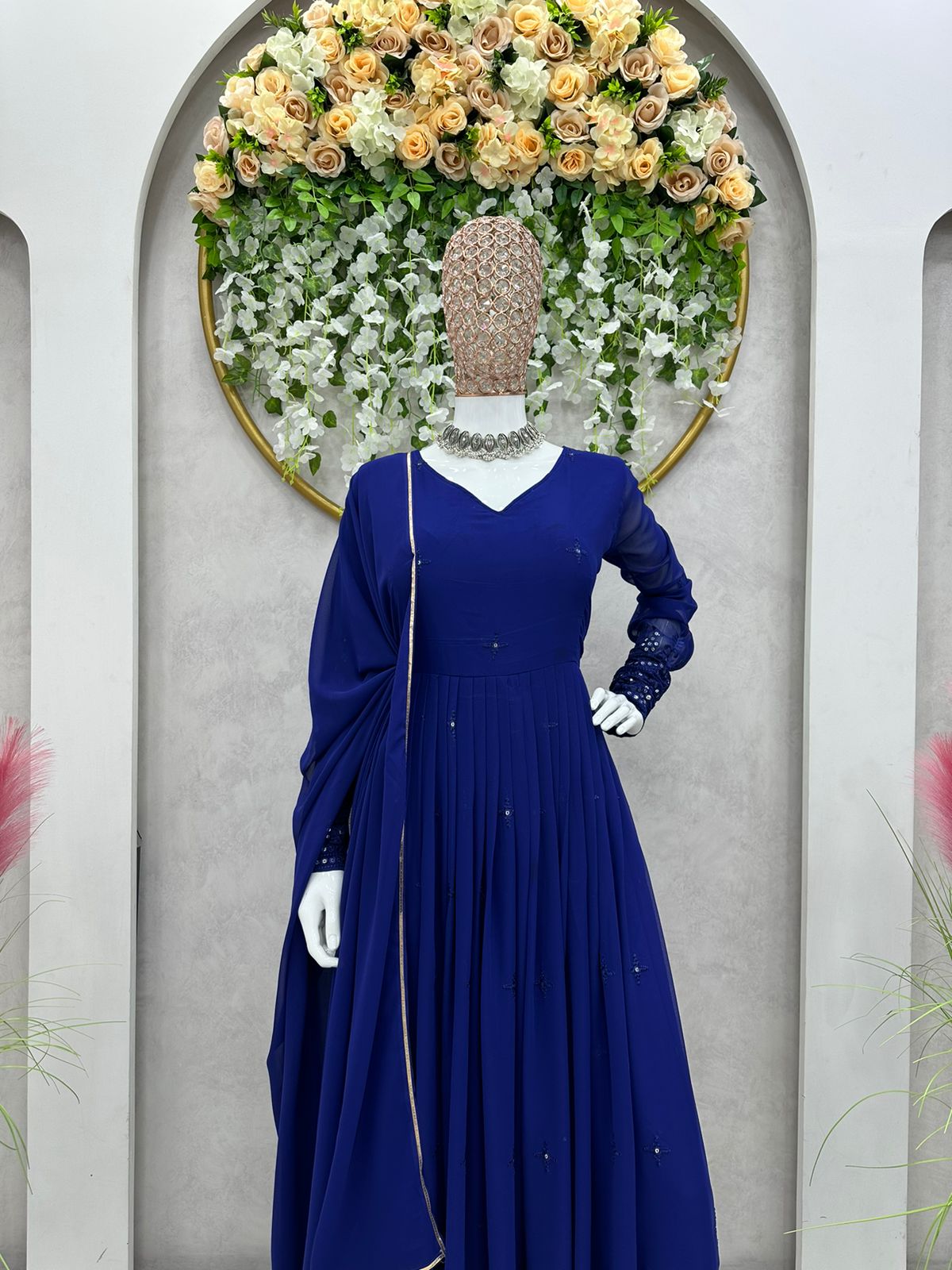 Fantastic Georgette Navy Blue Color Gown