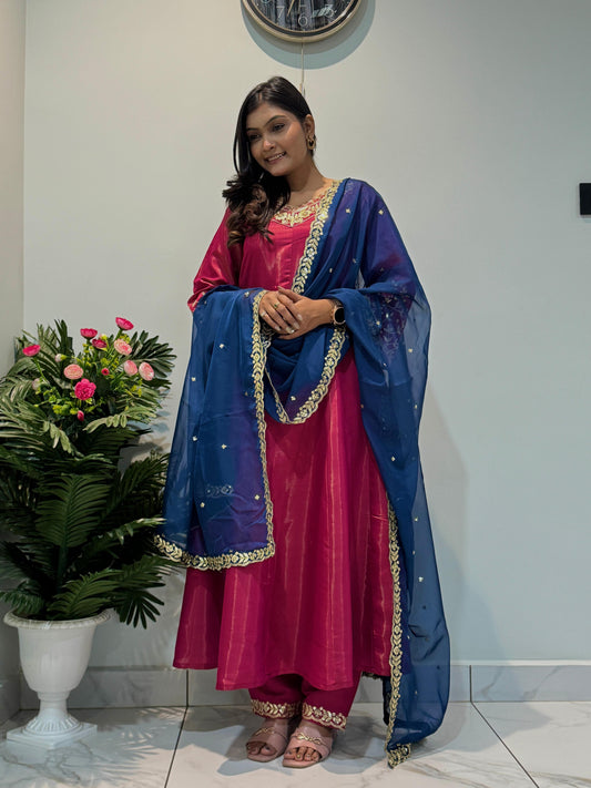 Designer Chimar Silk Pink Color Anarkali Suit