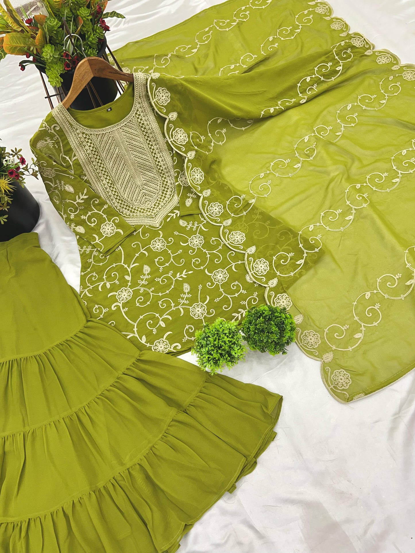 Designer Embroidery Work Perrot Color Sharara Suit