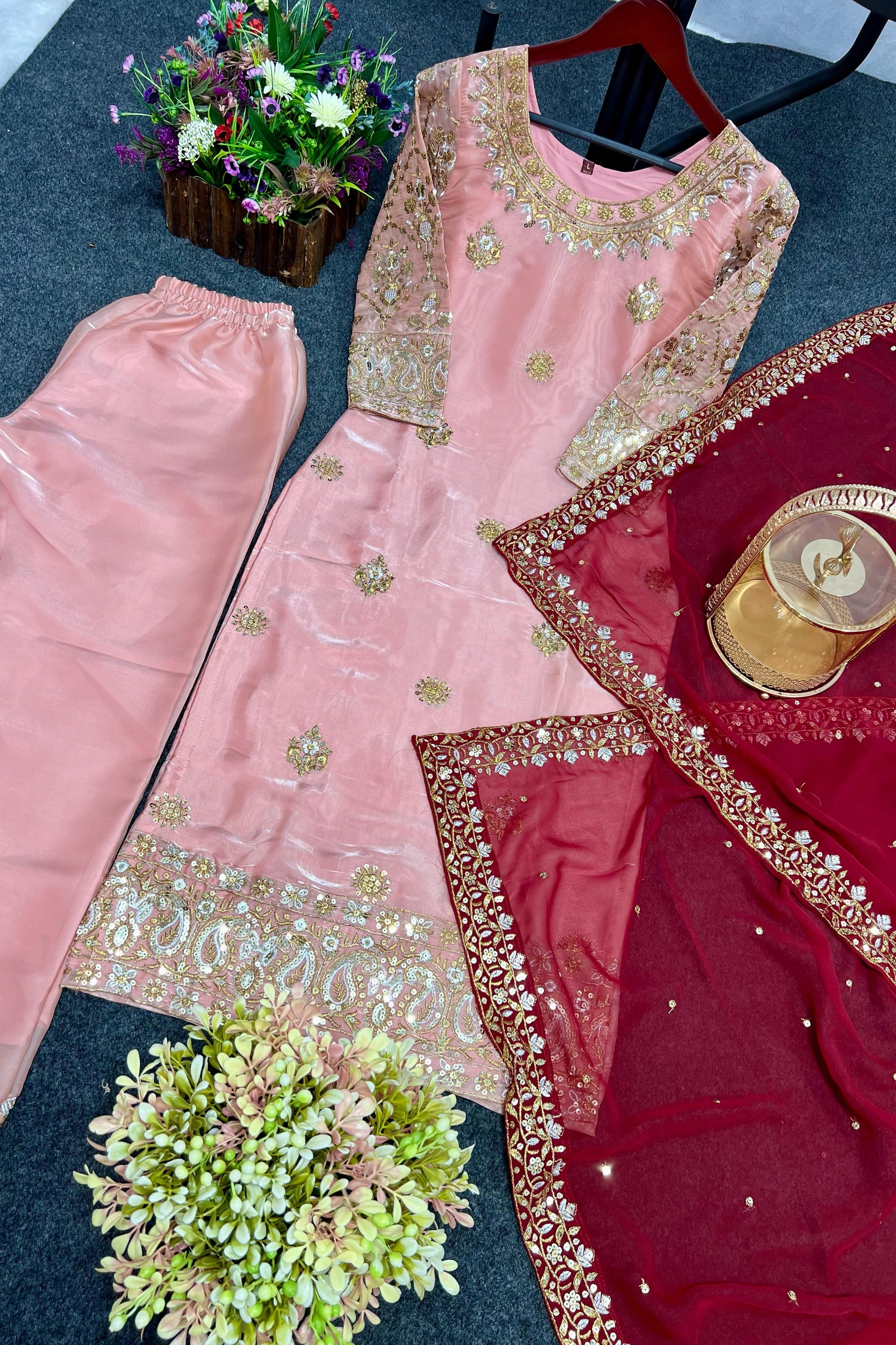 Shine Pink Color Embroidery Work Salwar Suit With Dupatta