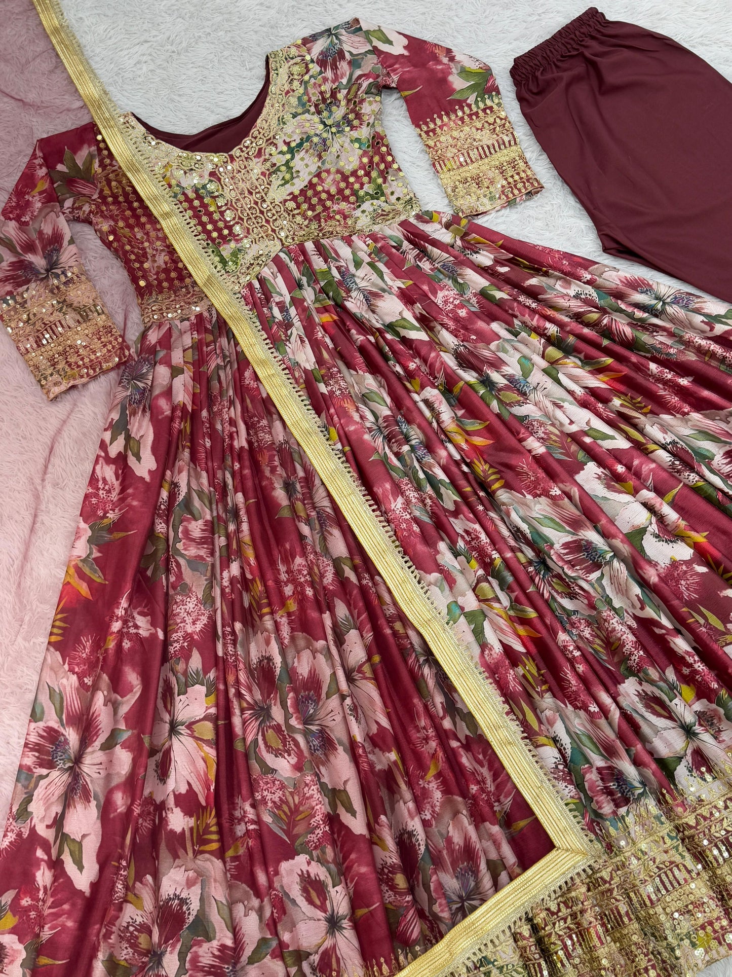Look Designer Maroon Multi Color Embroidery Work Anarkali Gown With Dupatta