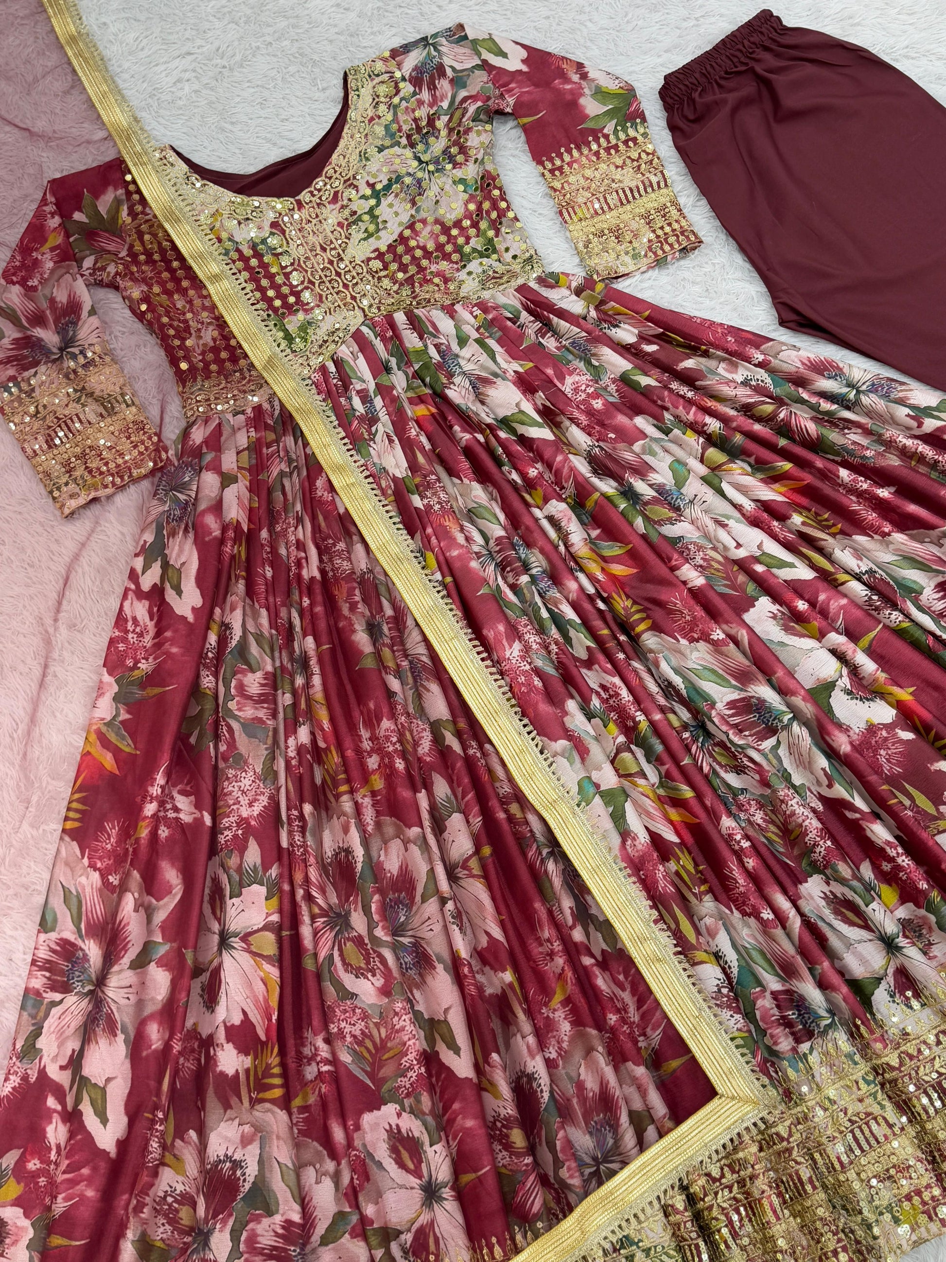 Look Designer Maroon Multi Color Embroidery Work Anarkali Gown With Dupatta