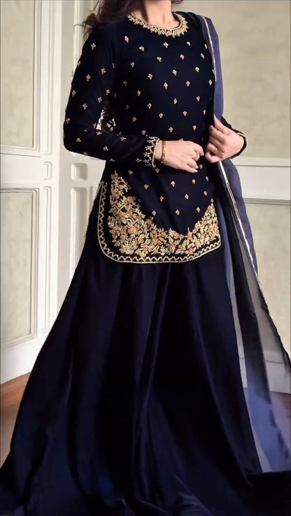 Stylish Blue Velvet with Sequence Work Plazo Suit