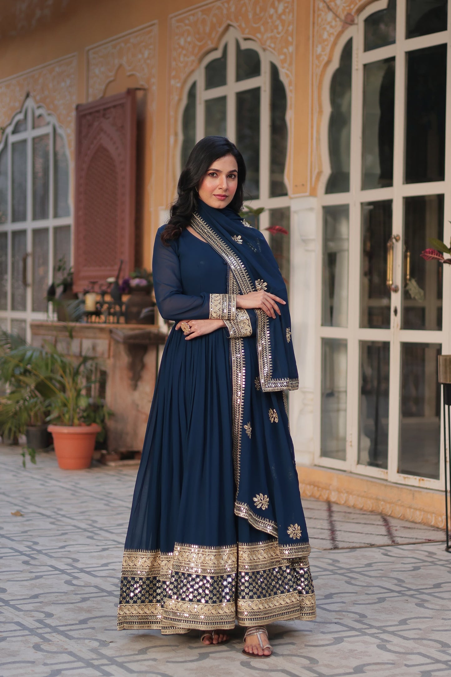 Good Looking Sequins Work Blue Color Gown