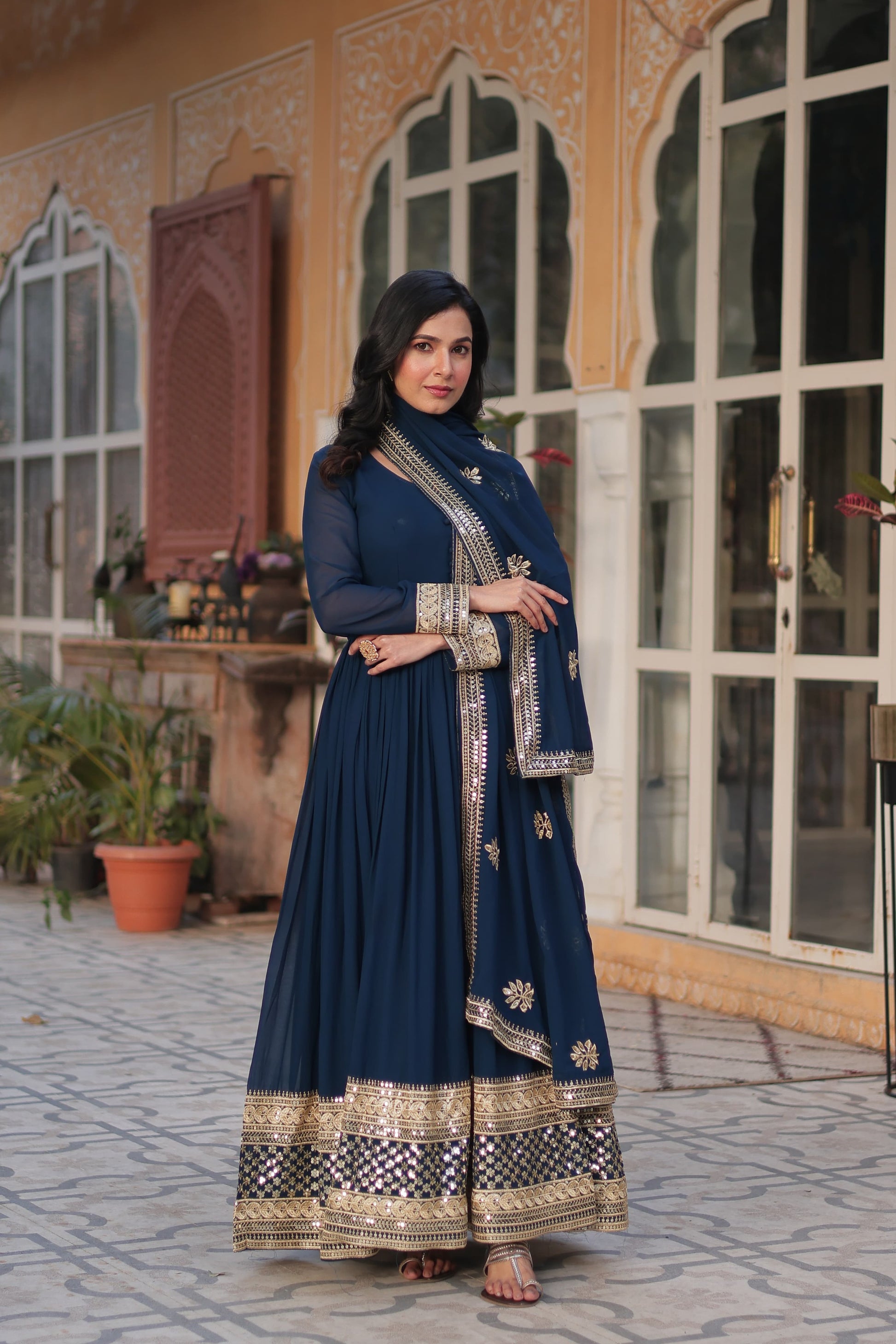 Good Looking Sequins Work Blue Color Gown