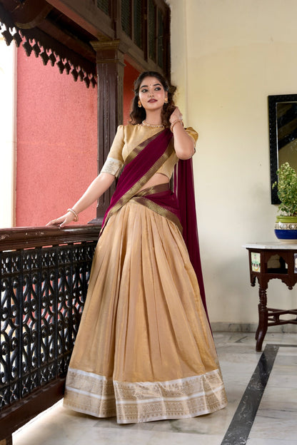 Awesome Kanchipuram Beige Color Lehenga Choli
