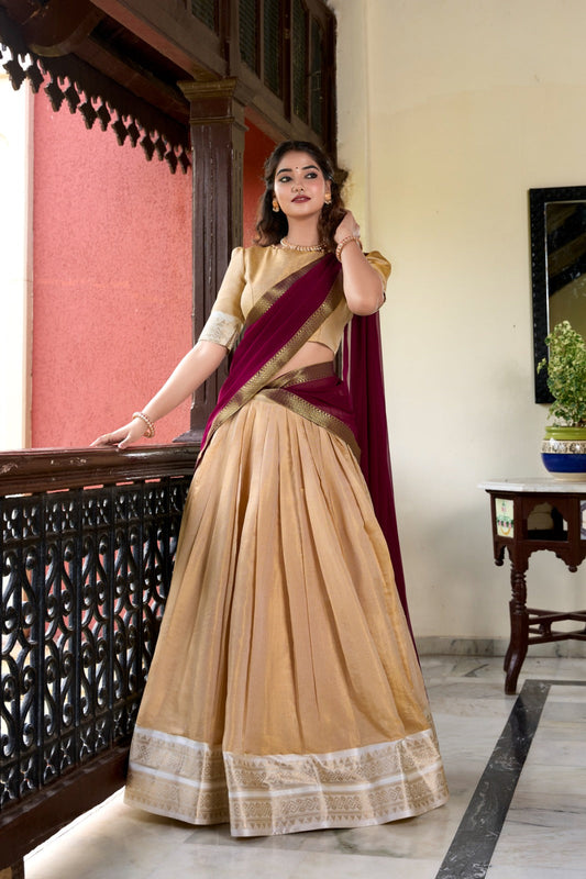 Awesome Kanchipuram Beige Color Lehenga Choli
