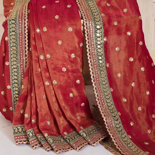 Unique Cording Embroidery Work Orange Color Saree
