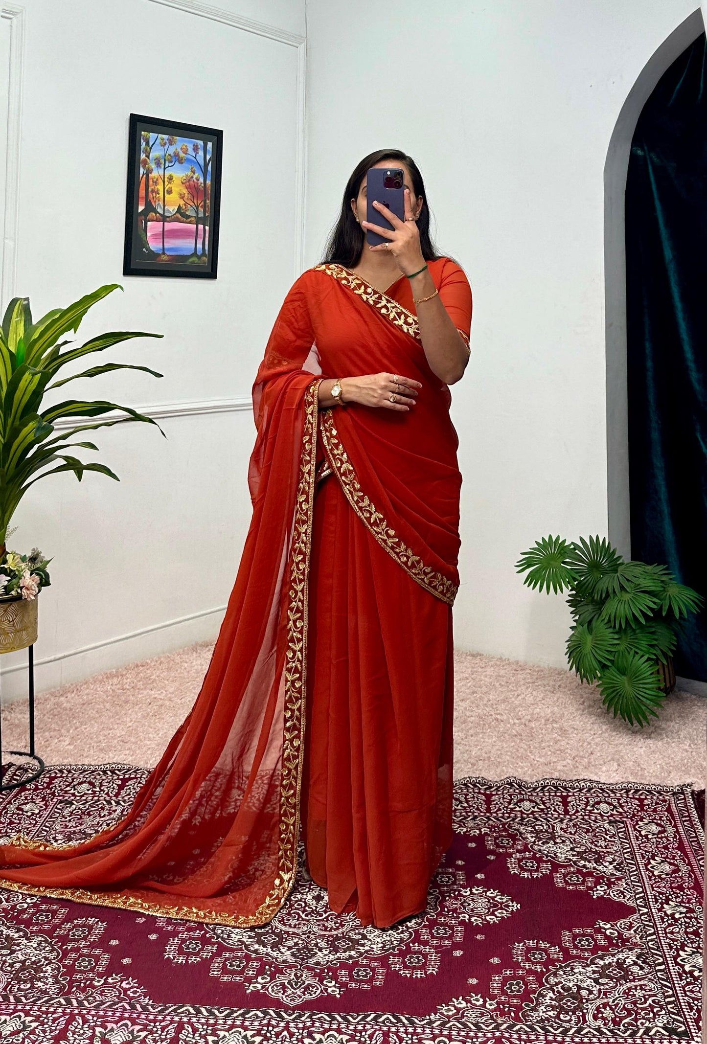 Good Looking Embroidery Work Orange Color Saree Gown