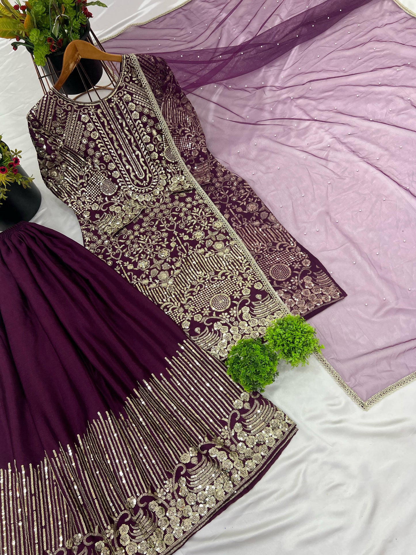 Mesmerizing Sequence Work Wine Color Sharara Suit
