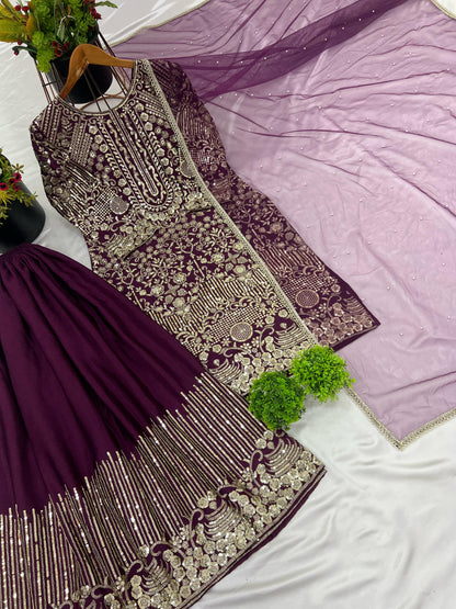 Mesmerizing Sequence Work Wine Color Sharara Suit