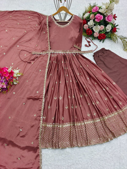 Daisy Chinon Silk Sequence Work Brown Color Gown