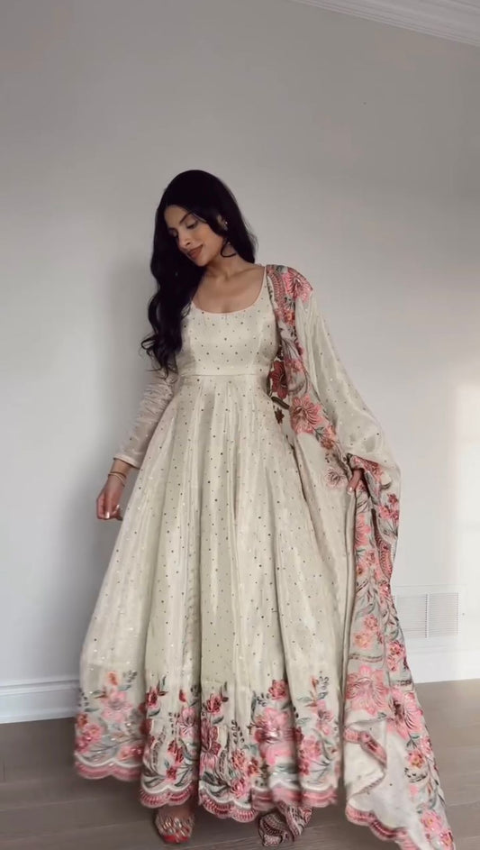 Designer Sequence Work White Color Gown