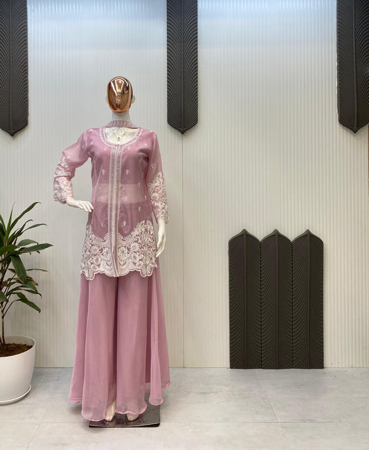 Glimmering Sequence Embroidery Work Pink Color Palazzo Suit