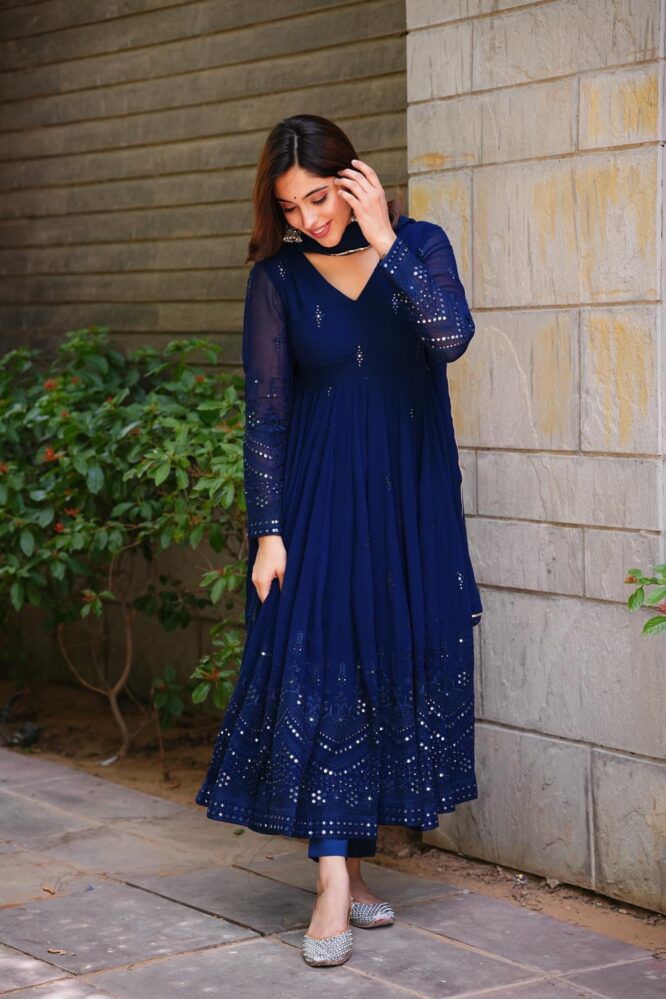 Fantastic Georgette Navy Blue Color Gown