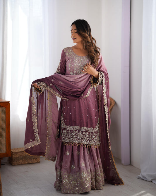 Good Looking Chinon Silk Rivet Moti Onion Color Sharara Suit