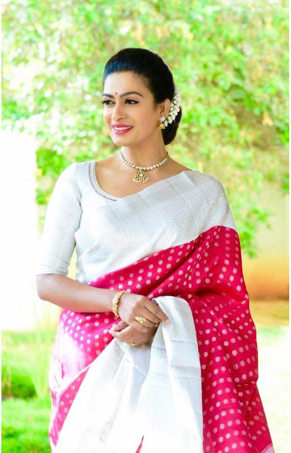 Pink And White Color Silver Jari Design Silk Saree