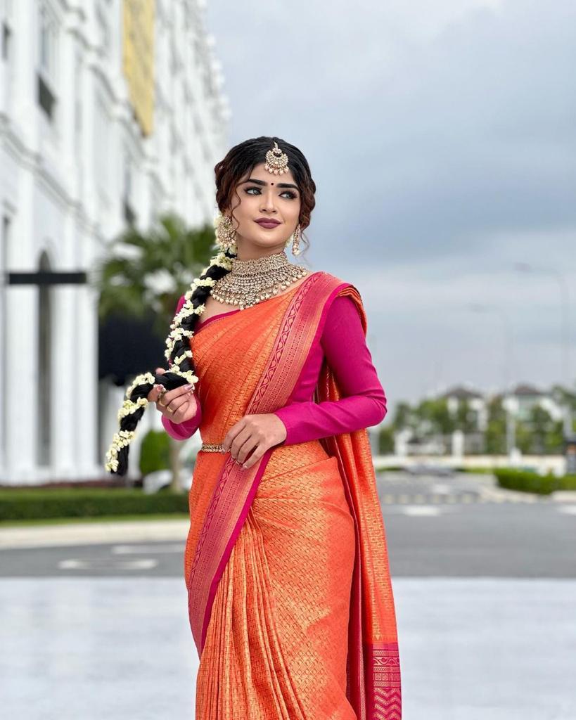 Adorable Pink With Orange Color Soft Lichi Silk Party Wear Saree