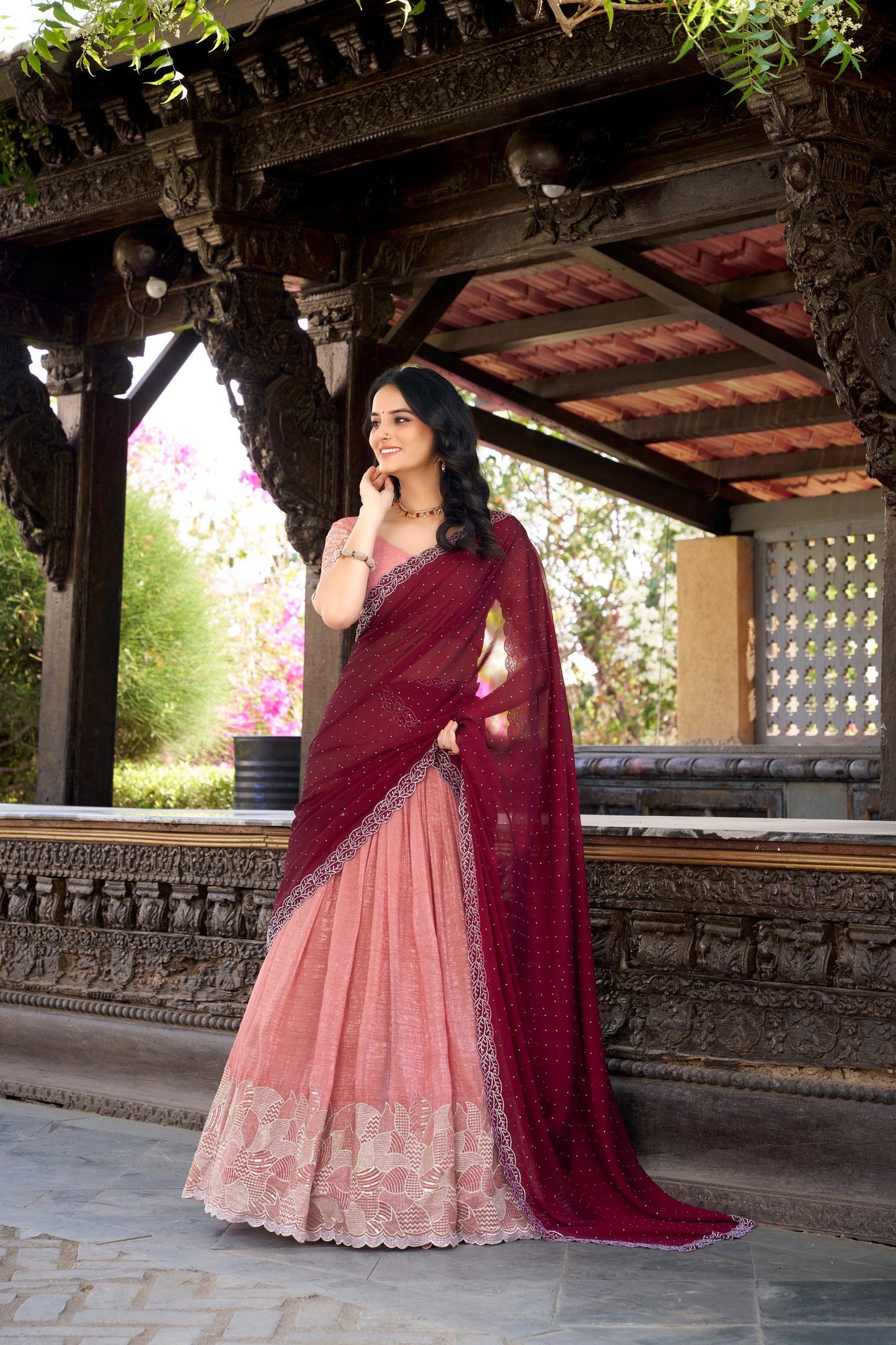 Elegant Peach Color Silver Glosy Sequins And Thread Embroidery Work With Hotfix Designer Lehenga Choli