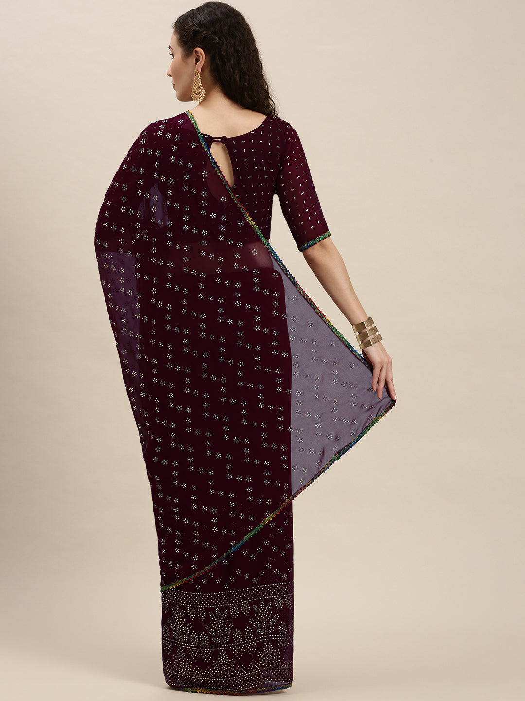 Purple Color Silver-Toned Embroidered Saree