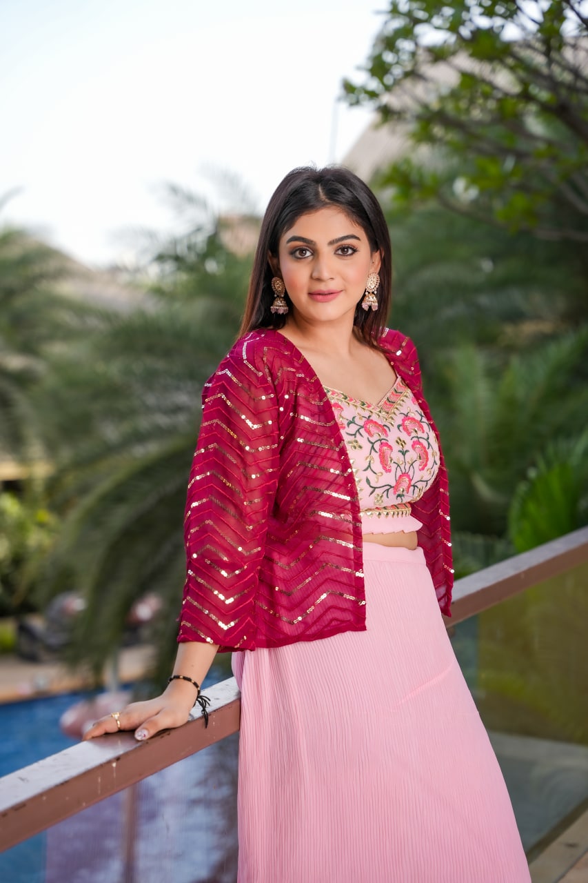 Stylish Light Pink Color Crushed Lehenga With Pink Shrug