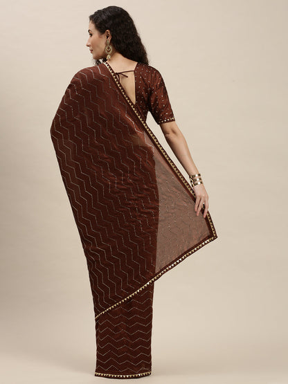 Brown Color Golden Stones Work Art Silk Saree