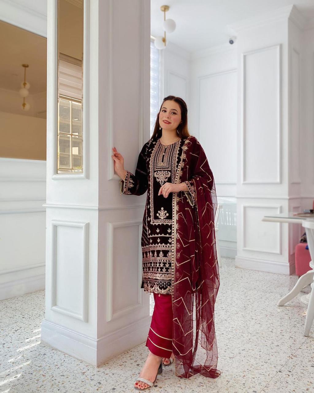 Maroon Color Sequence Embroidered Work Designer Velvet Salwar Suit