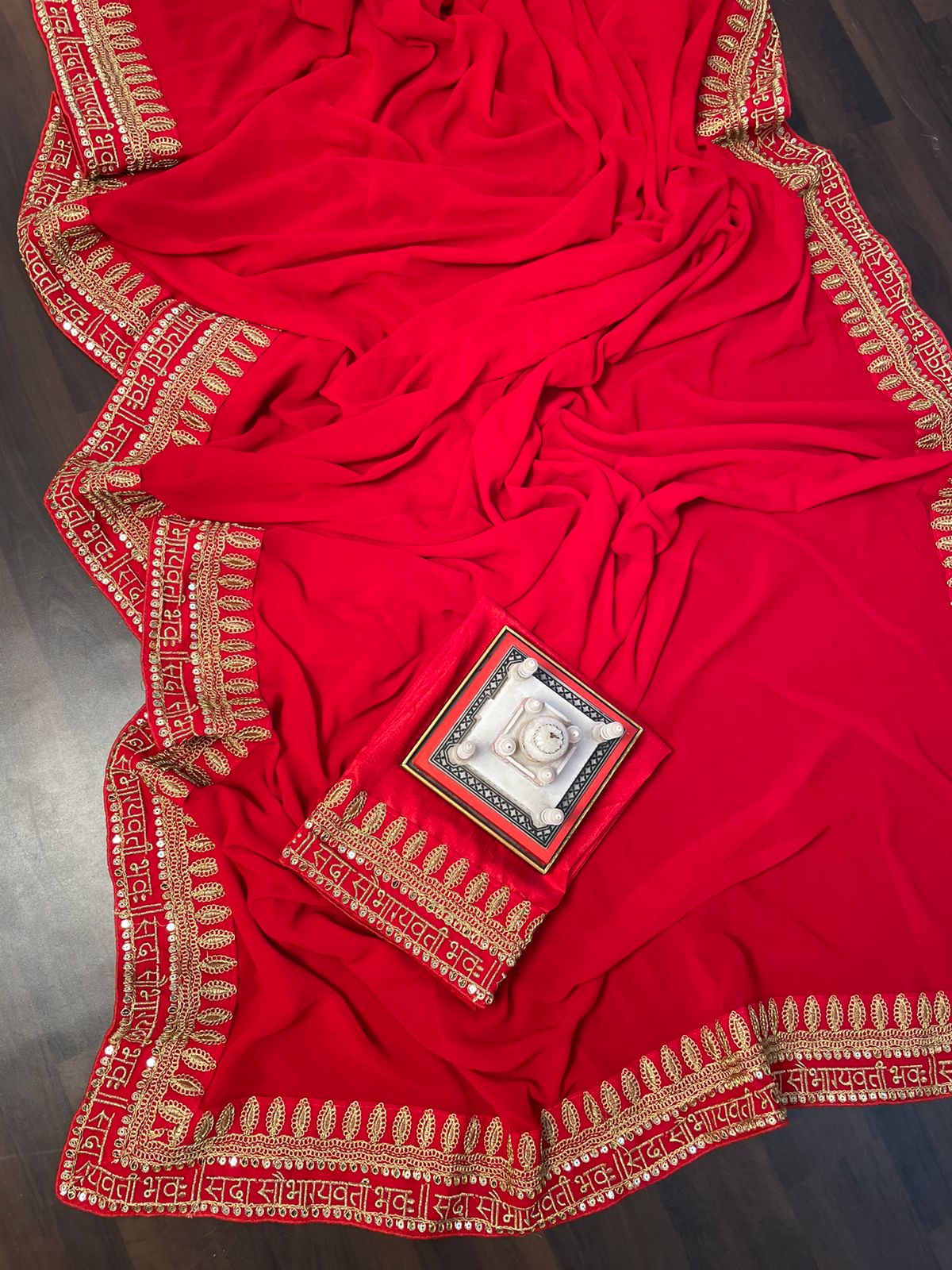 Red Color Sequin Work Border Georgette Saree
