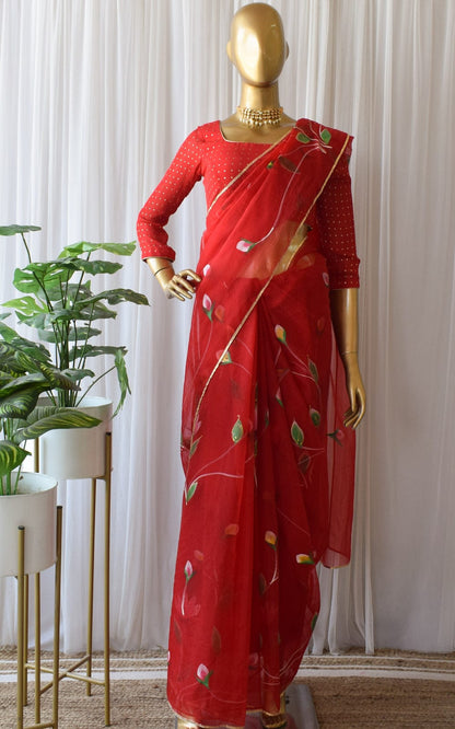Digital Printed Red color Heavy Handwork Organza Saree