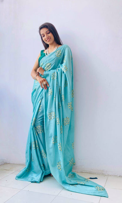 Foil Printed Sky Blue Color Chinon Saree