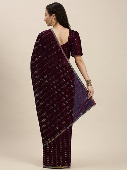 Stunning Purple Color Beads and Stones Work Saree