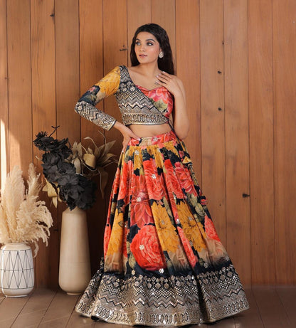 Designer Multi Color Lehenga Choli With One Side Sleeve Shrug
