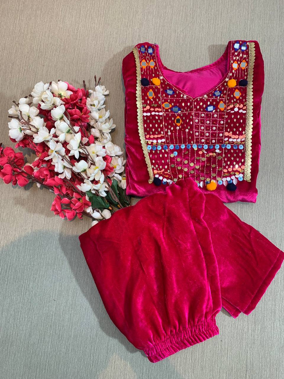 Hand Work Pink Color Velvet Top With Pant