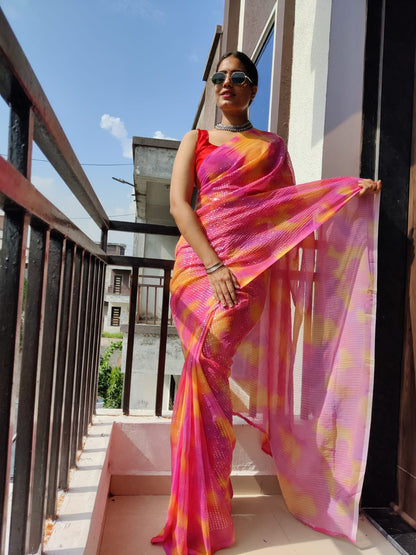 Shibori Print Pink Color Sequins Work Ready To Wear Saree