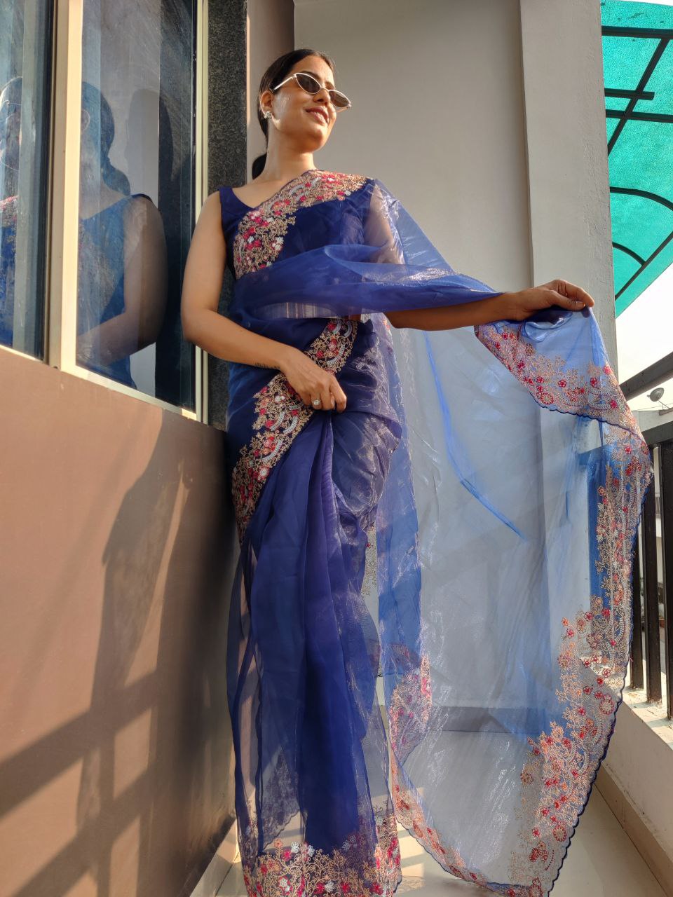 Blue Color Multi Thread Work Ready To Wear Organza Saree