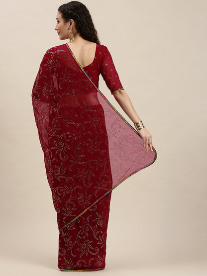 Elegant Dark Pink Beads and Stones Embroidered Saree