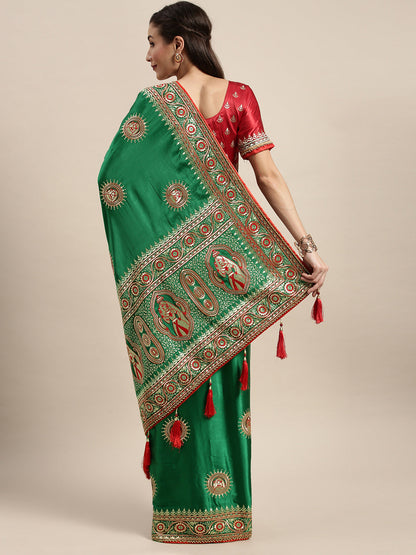 Stunning Dark Green Color Embroidered Saree