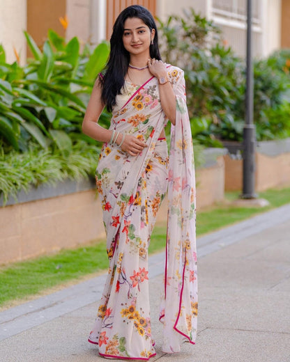 White Color Flower Printed Festive Wear Saree