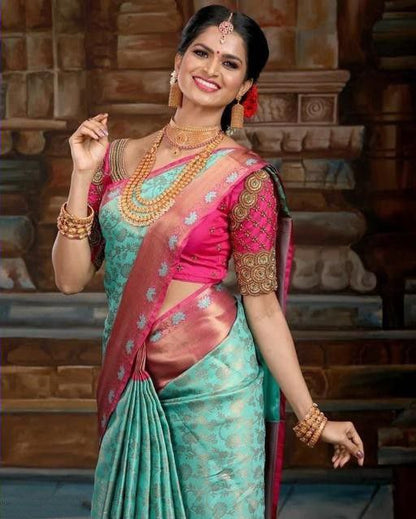 Designer Sky Blue With Pink Color Soft Lichi Silk Saree