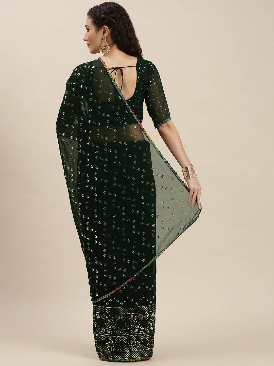 Green Color Silver-Toned Embroidered Saree